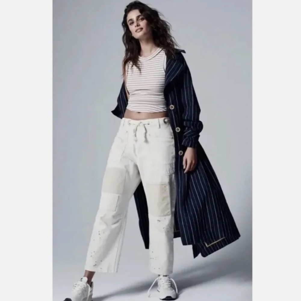 FREE PEOPLE Linen Blend Cotton Pinstripe Trench Coat Womens Size S Navy NWOT